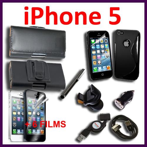 Lot Pack 13 Pièces D'accessoires Support Chargeur Voiture Allume Cigare Câble Usb Coque Etui Housse Tpu Silicone Gel S-Line  Stylet 6 Films  Cuir Clip Ceinture  Noir Iphone 5