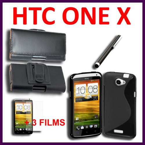 Lot Kit Pack De 6 Pièces D'accessoires Coque Etui Housse Tpu Silicone Gel S-Line Ligne S  Stylet Tactile 3 Films Protection Cuir Clip Ceinture  Noir Htc One X