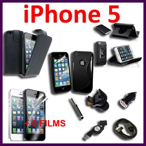 Lot 14 Pièces D'accessoires Support Chargeur Voiture Allume Cigare Câble Usb Coque Etui Housse Tpu Silicone Gel S  Stylet 6 Films  Simili Cuir Rotatif Rotation Noir Iphone 5