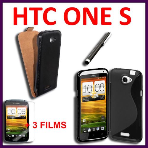 Lot Kit Pack De 6 Pièces D'accessoires Coque Etui Housse Tpu Silicone Gel S-Line Ligne S  Stylet Tactile 3 Films Protection Cuir Pu Véritable  Noir Htc One S