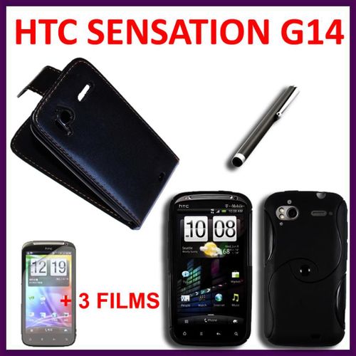 Lot Kit Pack De 6 Pièces D'accessoires Coque Etui Housse Tpu Silicone Gel S-Line Ligne S  Stylet Tactile 3 Films Protection Simili Cuir  Noir Htc Sensation/ G14