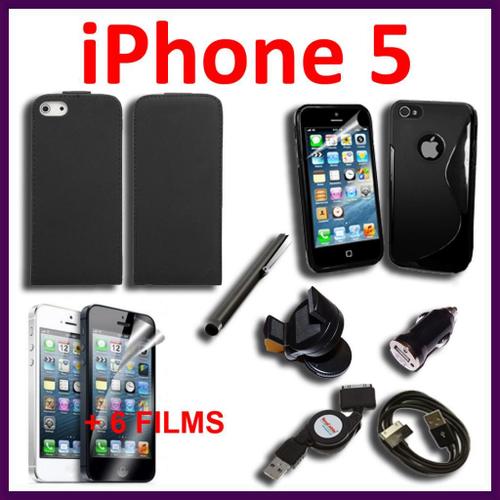 Lot Pack 13 Pièces D'accessoires Support Chargeur Voiture Allume Cigare Câble Usb Coque Etui Housse Tpu Silicone Gel S-Line  Stylet 6 Films  Cuir Pu Véritable  Noir Iphone 5