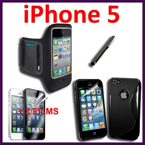 Lot Kit Pack De 6 Pièces D'accessoires Coque Etui Housse Tpu Silicone Gel S-Line Ligne S  Stylet Tactile 3 Films Protection Brassard Sport  Noir Iphone 5