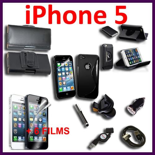 Lot 14 Pièces D'accessoires Support Chargeur Voiture Allume Cigare Câble Usb Coque Etui Housse Tpu Silicone Gel S  Stylet 6 Films  Cuir Clip Ceinture Rotatif Rotation Noir Iphone 5