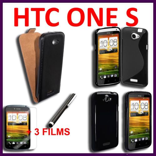 Lot Kit Pack De 7 Pièces D'accessoires Coque Etui Housse Tpu Silicone Gel S-Line Ligne S  Stylet Tactile 3 Films Protection Cuir Pu Véritable  Noir Htc One S