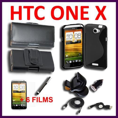 Lot Pack 13 Pièces D'accessoires Support Chargeur Voiture Allume Cigare Câble Usb Coque Etui Housse Tpu Silicone Gel S-Line  Stylet 6 Films  Cuir Clip Ceinture  Noir Htc One X