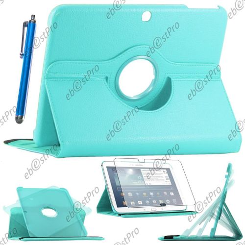 Ebeststar ® - Kit D'accessoires Pour Samsung Galaxy Tab 3 10.1 10 P5200 / P5210 / P5220 / Gt-P5210zwaxef - Housse Coque Etui Pu Cuir Rotatif 360° Couleur Bleu + 1 Film De Protection + 1 Stylet