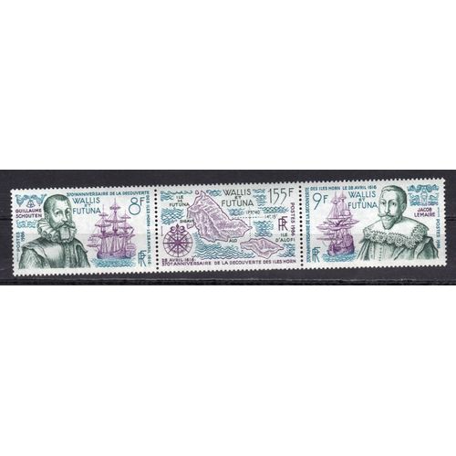 Wallis Et Futuna 1986 : 370è Anniversaire De La Découverte Des Îles Horn (26 Avril 1616) : Portrait De Guillaume Schouten:Rose Des Vents Et Carte Des Îles:Portrait De Jacob Lemaire - Triptyque Neuf **