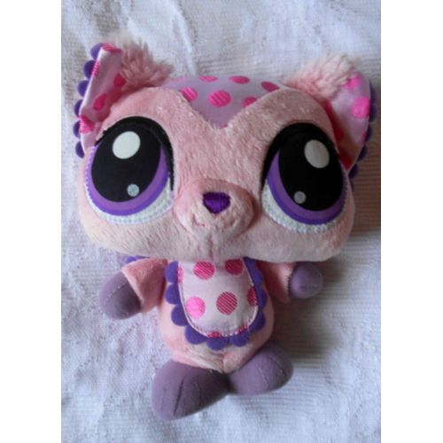 Peluche Doudou Rose Et Mauve Violet Lps Littlest Pet Shop Chat Avec Bavoir À Pois 18 Cm Sans Compter Les Oreilles