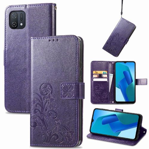 Étui Pour Oppo A16k Sangle Courte Étui En Cuir Couverture Rabotant Affaires Exquises Trèfle À Quatre Feuilles - Violet Foncé