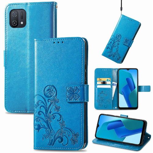 Étui Pour Oppo A16k Sangle Courte Étui En Cuir Couverture Rabotant Affaires Exquises Trèfle À Quatre Feuilles - Bleu