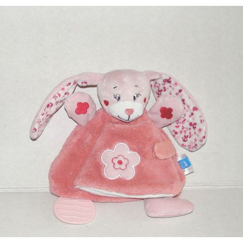 Lapin Rose Brodés Fleurs Et  Poule Anneau De Dentition Hochet Et Bruit D'eveil Doudou Peluche Tex Baby Carrefour 33cm