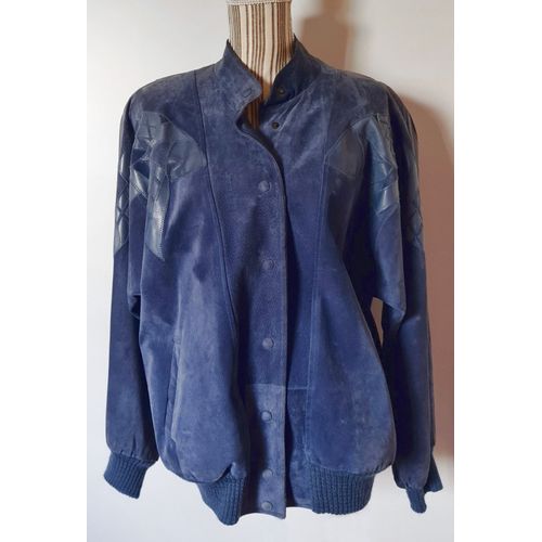 Veste-Blouson En Daim Et Cuir Bleu J.D. Bigillon