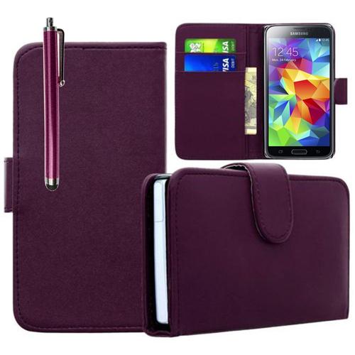 Etui Portefeuille Livre Housse Coque Pochette Book Cuir Pour Samsung Galaxy S5 Sm-G900f G900iklsmatvr4p Violet+ Stylet