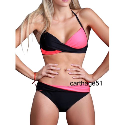 Maillot De Bain Femme Bikini 2 Pièces - Drapé Croisé - Bandeau Triangle - Noir Bicolore