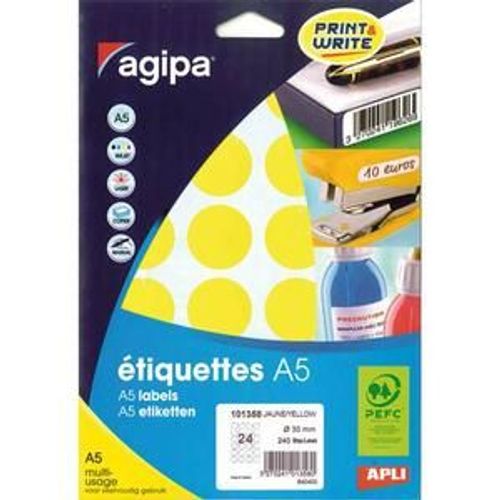 Apli-Agipa Pellets Multi Purpose - Étiquettes Arrondies Adhésives Permanentes - Jaune - Diamètre 30 Mm 240 Étiquette(S) ( 10 Feuille(S) X 24 )