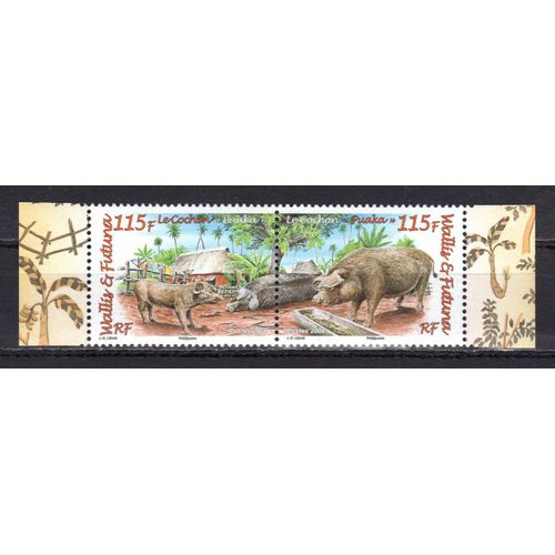 Wallis Et Futuna 2008 : Faune Domestique : Le Cochon "Pakua" : Jeune Cochon, Habitat / Cochon Devant Son Auge - Bloc De 2 Timbres 115 F. Multicolores Neufs **  Attenants Avec Bordures