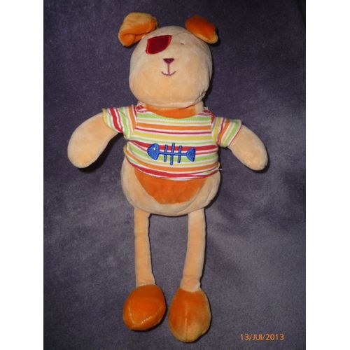 Doudou  Chien Nounours Passeport Tendresse Peluche Pull Rayé Poisson Orange 32 Cm