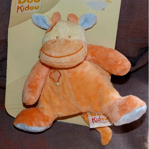 Vache Doudou Orange Pêche Bleu Beige 15 Cm Dou Kidou
