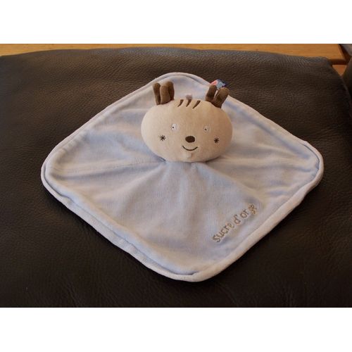 Doudou Plat Cerf Elan Sucre D'orge Bleu Creme Beige