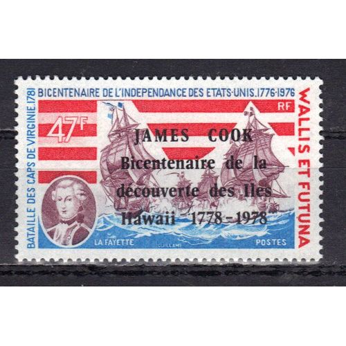 Wallis Et Futuna 1978 : Bicentenaire De La Découverte Des Îles Hawaï Par James Cook : Lafayette - Timbre 47 F. Turquoise, Rouge Et Lilas-Brun Neuf **  Avec Surcharge "James Cook" Rare