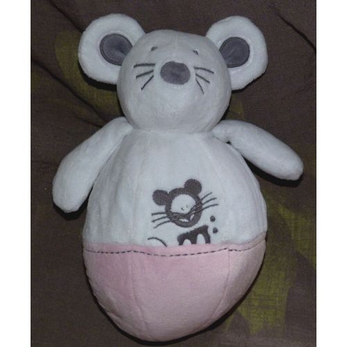 Souris Doudou Peluche  Culbuto  Jouet Éveil Bébé Blanc Gris Rose Okaidi Obaibi 26 Cm