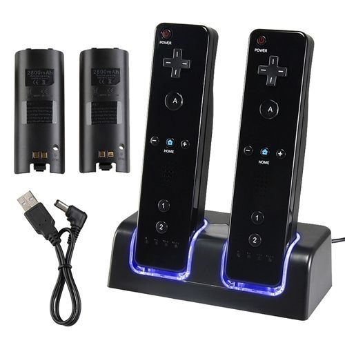 Socle Dock Station D'accueil De Recharge Chargeur Noir Par Port Usb + 2 Batteries  Pour Manettes Télécommandes Nintendo Wiimote Wii / Wii U