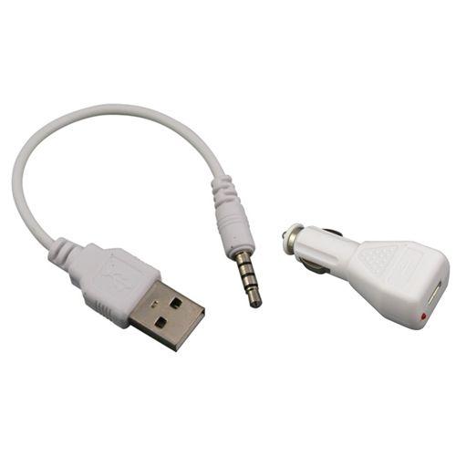 Cable USB data+Chargeur voiture allume cigare blanc pour Apple Ipod Shuffle 2