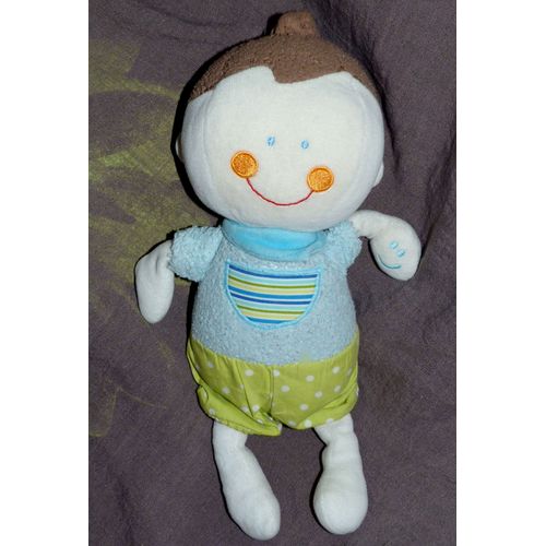 Poupée Bébé Garçon Doudou Peluche Baby Sun Blanc Marron Forlard Bleu Short Vert Anis À Pois Blanc 29 Cm