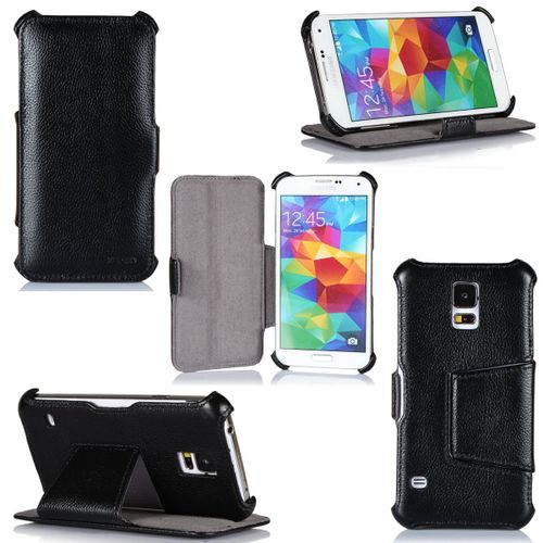 Samsung Galaxy S5 Noir - Housse Coque De Protection Noire Slim Cuir Véritable Avec Stand - Etui Etuit À Rabat Samsung Galaxy S5 16 / 32 Go 3g/4g/Lte - Accessoires Pochette Folio  Case