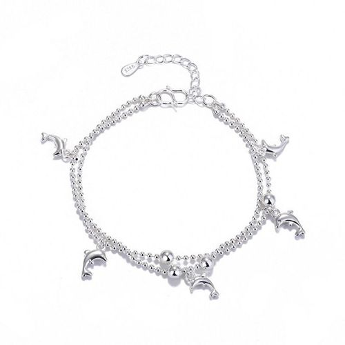 Bracelet Argenté Double Épaisseur Dauphin Et Perle, Longueur Réglable
