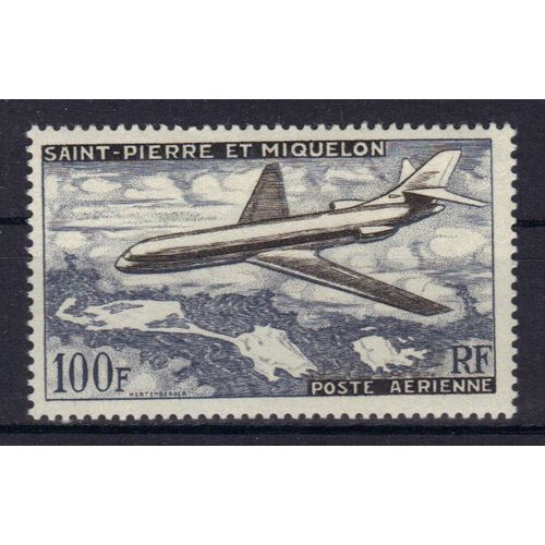 St-Pierre-Et-Miquelon 1957 Poste Aerienne : Avion "Caravelle" - Timbre 100 F. Noir Et Gris-Bleu Neuf ** Cote 23 