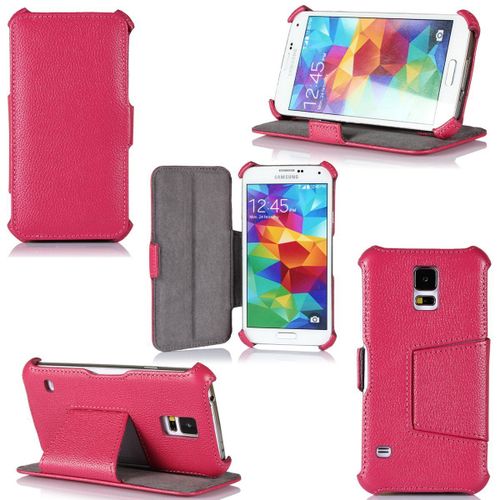 Samsung Galaxy S5 Rose - Housse Coque De Protection Rose Slim Cuir Véritable Avec Stand - Etui Etuit À Rabat Samsung Galaxy S5 16 / 32 Go 3g/4g/Lte - Accessoires Pochette Folio  Case