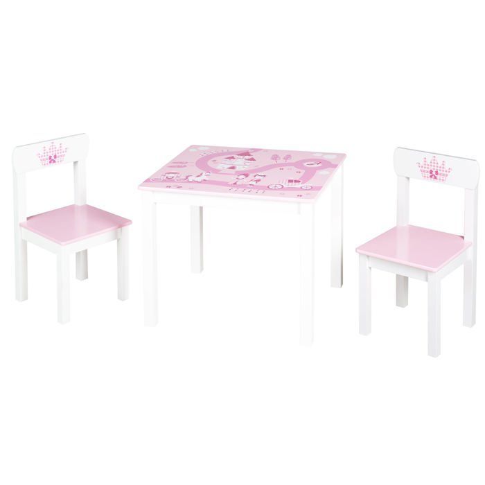 Roba Ensemble Table + 2 Chaises Enfants - Krone - Motif Princesse - Table De Jeu Et D'apprentissage - Rose / Blanc