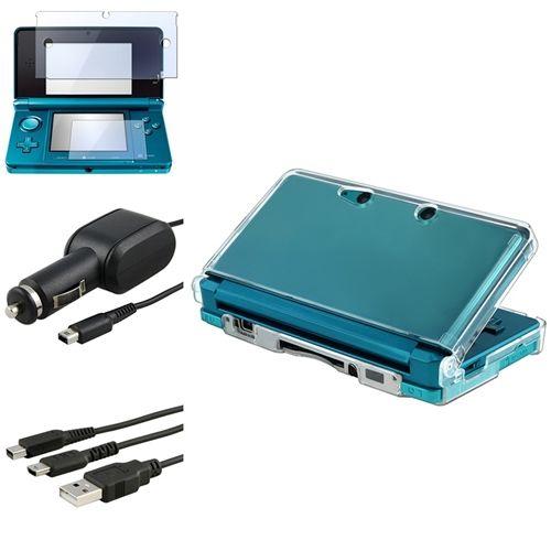 Bundle - Coque Cristal Transparent + Film de Protection Protecteur d'écran + Câble de Chargement Recharge USB + Chargeur Voiture Allume-Cigare Pour Console de Jeux Nintendo 3DS