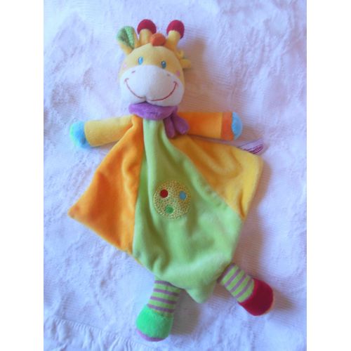 Doudou Plat Girafe Pommette Orange Vert Jaune Violet Blanc