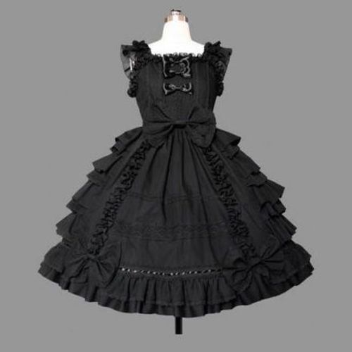 Robe Noire Coton Noeuds Papillon Dentelle Froufrous Bretelles Ruban Gothic Kuro Classic Lolita Gothique Soirée Grandes Occasions Mariage Convention Mode Japonaise Kawaï Mignon Poupée Black Sugar