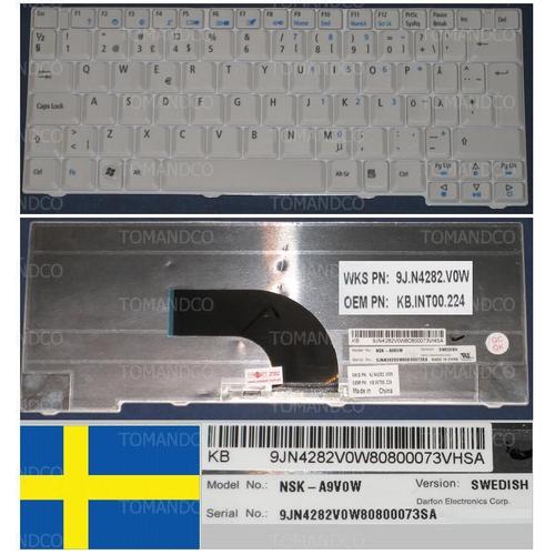 Clavier Qwertz Suédois / Swedish Pour ACER ASPIRE AS2920 2920 AS2420 2420 2920Z Series, Gris / Grey, Model: NSK-A9V0W, P/N: 9J.N4282.V0W, KB.INT00.224