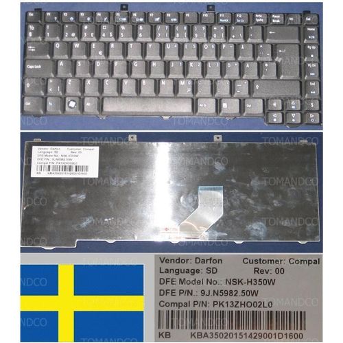 Clavier Qwertz Suédois / Swedish Pour ACER ASPIRE AS3100 AS5100 3100 3650 3690 5100 5110 5610 5630 5650 5680 9110 9120 Series, Noir / Black, Model: NSK-H350W, P/N: 9J.N5982.50W, PK13ZHO02L0