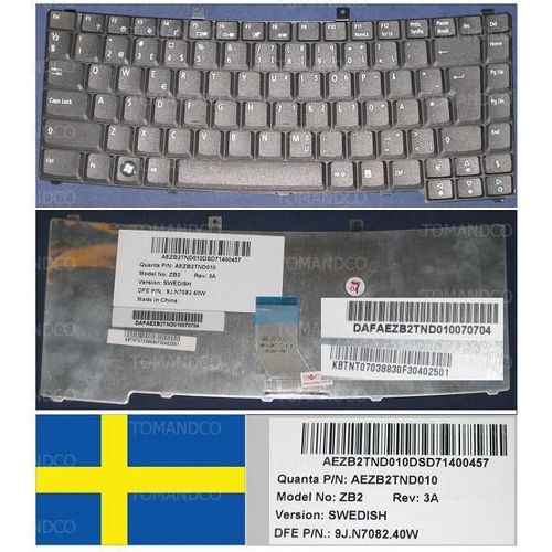 Clavier Qwertz Suédois / Swedish Pour ACER TravelMate TM2300 2300 2310 2410 2480 4000 4400 4500 Series, Noir / Black, Model: ZB2, P/N: 9J.N7082.40W, AEZB2TND010