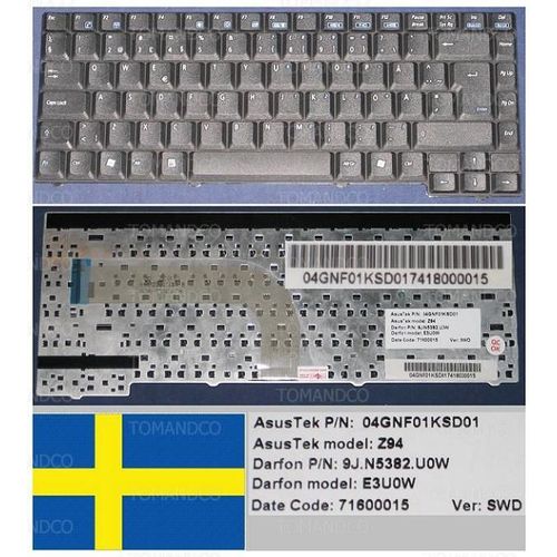 Clavier Qwertz Suédois / Swedish Pour ASUS Z94 A9T A9R X50 X51 Series, Noir / Black, Model: Z94, E3U0W, P/N: 9J.N5382.U0W, 04GNF01KSD01, 71600015