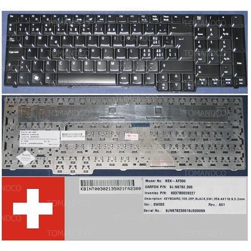 Clavier Qwertz Suisse / Swiss Pour ACER ASPIRE AS7000 AS9400 7000 7100 9410 9400 9300 Series, Noir Brillant / Black Glossy, Model: NSK-AF300, P/N: 9J.N8782.300, 6037B0029227, KBINT003021