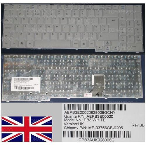 Clavier Qwerty UK Pour Packard Bell Notebook EasyNote SB88 MINOS GP2W, Packard Bell Notebook EasyNote SB89 MINOS GP3W, Blanc / White, Model: PB3, P/N: AEPB3E00020, MP-03756GB-9205