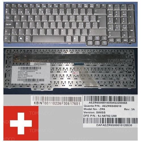 Clavier Qwertz Suisse / Swiss Pour ACER ASPIRE AS7000 AS9400 7000 7100 9410 9400 9300 Series, Noir / Black, Model: ZR6, P/N: 9J.N8782.U00, AEZR6S00010, KBINT001102