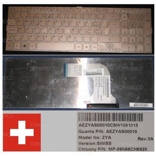 Clavier Qwertz Suisse / Swiss Pour ACER Aspire AS5943 5943G AS8943 8943G Series, Gris Clair / Silver, Model: ZYA, MP-09N66CH6920, P/N: AEZYAS00010