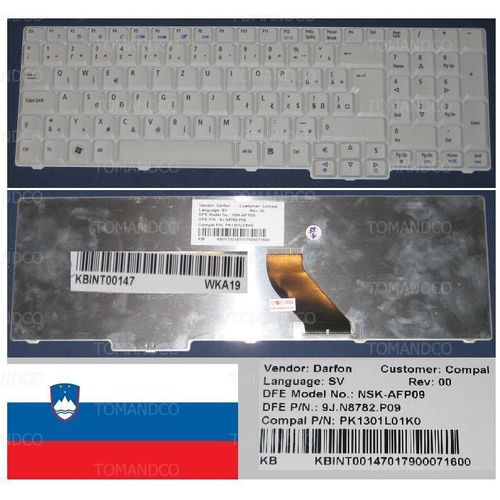 Clavier Qwertz Slovénie / Slovenia Pour ACER ASPIRE 9410 9400 9300 7000 7100 Series, Noir / Black, Model: NSK-AFP09, P/N: 9J.N8782.P09 , PK1301L01K0, KBINT00147