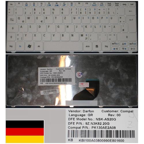 Clavier Qwertz Allemand / German Pour GATEWAY LT21, ACER One 532H D260, Packard Bell DOT S2 Series, Blanc / White, Model: NSK-AS20G, P/N: KB.I100A.038, 9Z.N3K82.20G, PK130AE2A08