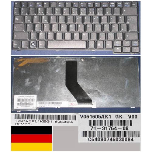 Clavier Qwertz Allemand / German Pour Packard Bell EasyNote MZ35 ARGO C, MZ36 ARGO C2 Series, Noir / Black, Model: V061605AK1, P/N: AEPL1KEG115-08, 71-31764-08, 7710103