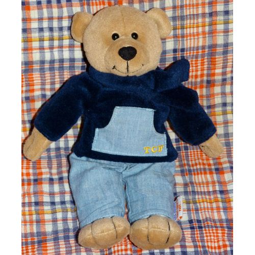 Ours Nounours Doudou Teddy Bear Peluche Tcf Tout Compte Fait Polaire Bleu Marine Écharpe Et Jeans Bleu 27 Cm
