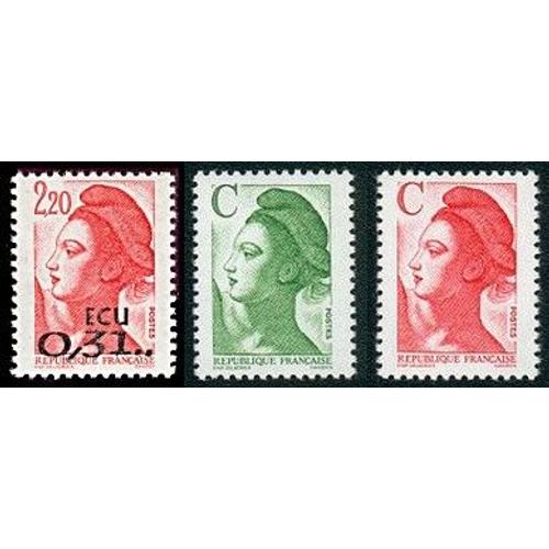 France 1988 / 1990, Très Beaus Timbres Neufs** Luxe Yvert 2530, 2615 Et 2616, Type Liberté Par Gandon D'après Delacroix, 2.20f Rouge Surchargé "0,31 Écu", Code Valeur C Vert Et C Rouge.